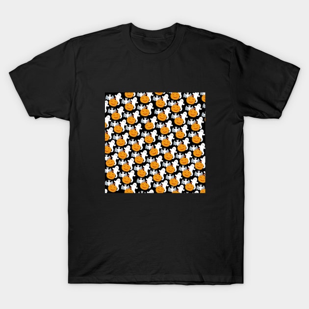 Ghosts, Bats, and Friendly Pumpkins Pattern T-Shirt by Susy Maldonado illustrations